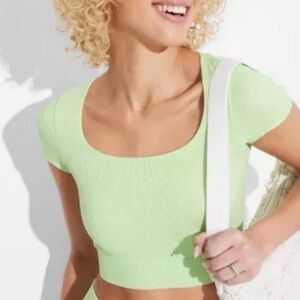 Wild fable ribbed green crop top Women's Short Sleeve Square Neck Fitted Seamles